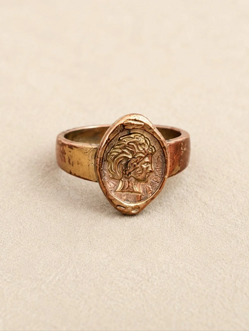 Vintage Roman Coin Style Signet Ring | Classical Profile | Copper Tone | Size 8